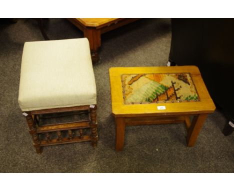 A late Victorian piano stool, padded seat, turned legs, spindled galleried storage space to base; an oak stool, woolwork padd