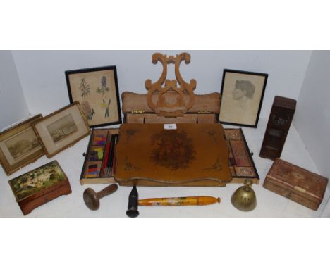 Boxes &amp; Objects - an early 20th century French artists box, hinged cover printed with a musician and his beau, lyre shape
