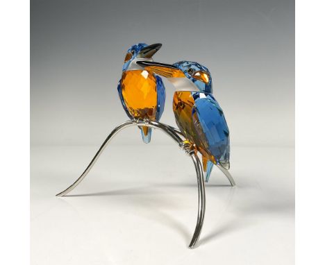 Part of the Silver Lake collection. A pair of kingfisher birds, in blue, orange, black and clear crystal, perched on a silver