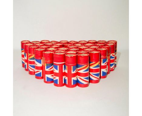 Bank rolls with the Union Jack; each roll contains 50 bronze penny coins.Â&nbsp;Reverse side of the penny shows Britannia sea