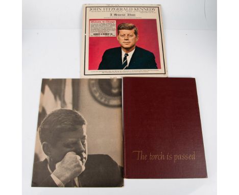A set of 3 items celebrating JFK's term including a Memorial Album consisting of highlights of the President's speeches and t