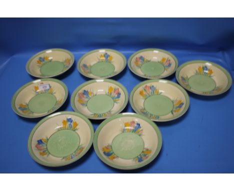 NINE CLARICE CLIFF BOWLS SOME CHIPPEDCondition Report:  All of the bowls have wear and scratches to the central section.  All