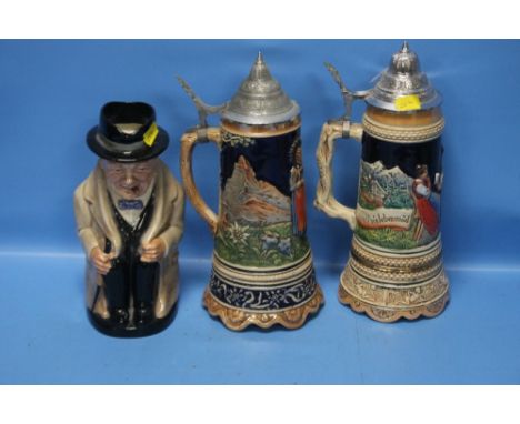 TWO CERAMIC BEER STEINS TOGETHER WITH A ROYAL DOULTON WINSTON CHURCHILL TOBY JUG