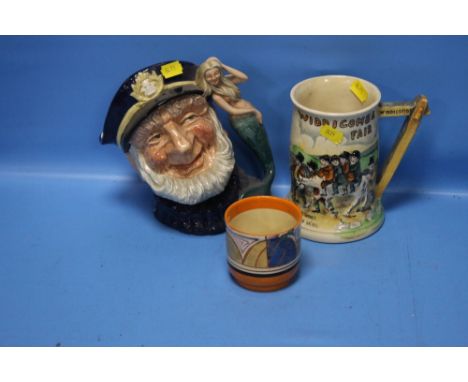 A CLARICE CLIFF '"FANTASQUE'" BOWL A/F, A ROYAL DOULTON CHARACTER JUG '"OLD SALT'", TOGETHER WITH A CROWN DEVON MUSICAL MUG (