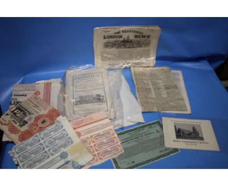 19TH CENTURY NEWSPAPERS AND SHARE CERTIFICATES ETC.