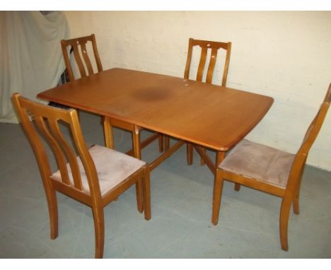 A MODERN TEAK DROP LEAF DINING TABLE AND FOUR CHAIRSCondition Report:SOME FADING AND LIGHT WEAR