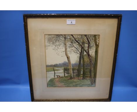 JOHN PARKER R. W. S. WATERCOLOUR OF TREES BY A RIVER, FRAMED AND GLAZED, 43 X 46 CM
