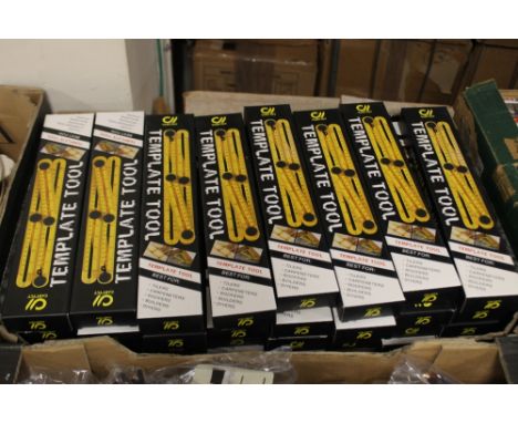A BOX OF TEMPLATE TOOLS FOR TILERS, CARPENTERS, ROOFERS ETC.