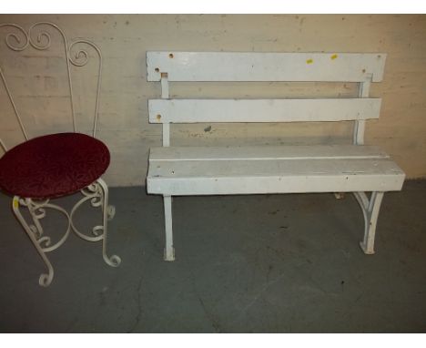 A SMALL GARDEN BENCH,&nbsp;W 97 cm H 75 cm, AND A WROUGHT IRON CHAIR