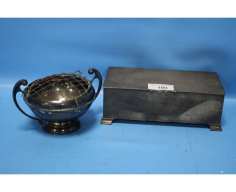 A HALLMARKED SILVER TRINKET BOX TOGETHER WITH A WHITE METAL TWIN HANDLED BOWL