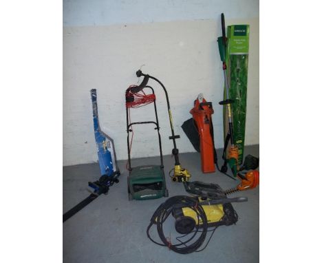 A SELECTION OF ELECTRICAL GARDEN TOOLS TO INCLUDE A MACALLISTER HEDGE TRIMMER, A MCCULLOCH PETROL STRIMMER AND A KARCHER PRES