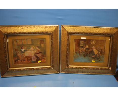 A. SCHRODER - PICTURE OF A MAN AT A TABLE SMOKING A PIPE ALONG WITH TWO LADIES AND ANOTHER SIMILAR PICTURE, FRAMED AND GLAZED