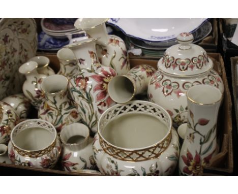 A TRAY OF ZSOLNAY, HUNGARY HAND PAINTED CERAMIC VASES ETC.