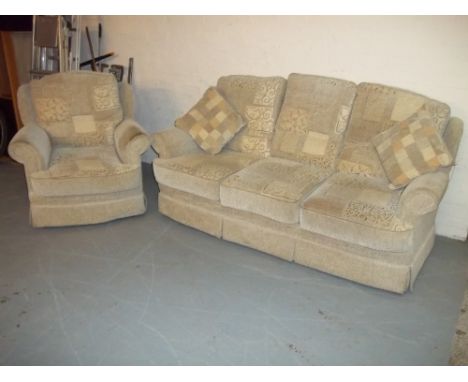 A CHENILLE FABRIC REVERSABLE TWO PIECE SUITE THREE SEATER SOFA AND CHAIR