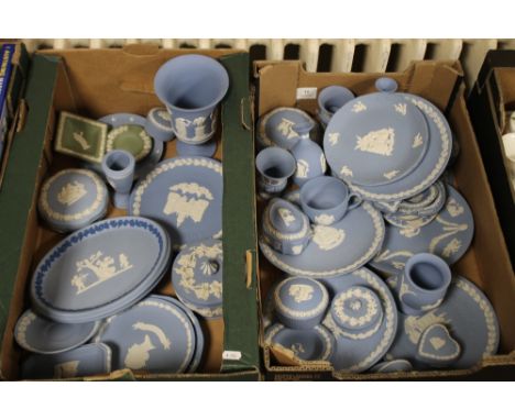 TWO TRAYS OF MAINLY BLUE &amp; WHITE WEDGWOOD JASPERWARE TO INCLUDE PLAYING CARD EXAMPLES