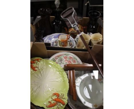 TWO TRAYS OF CERAMICS ETC. TO INCLUDE CARLTONWARE, A PAIR OF ARTHUR WOODS JUGS, A SHOOTING STICK ETC.