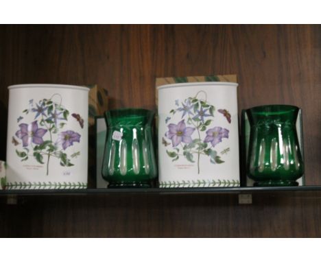 FOUE PIECES OF BOXED PORTMEIRION TO INCLUDE TWO GLASS CANDLE HOLDERS, TWO CERAMIC VASES TOGETHER WITH A PORTMEIRION '"POMONA'