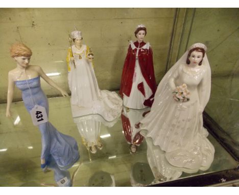 FOUR BONE CHINA FIGURES, ROYAL WORCESTER AND ROYAL DOULTON - DIANA PRINCESS OF WALES, HM QUEEN ELIZABETH II AND A COALPORT DI