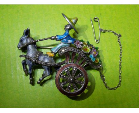 STERLING SILVER AND ENAMEL MARCASITE DONKEY AND CART BROOCH