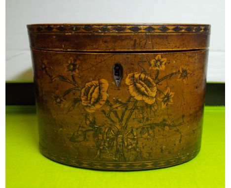 GEORGE III OVAL CROSSBANDED MARQUETRY PENWORK INLAID TEA CADDY - INSIDE A/F 15cm DIAMETER (ESCUTCHEON MISSING)