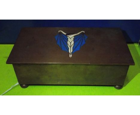 ART DECO COPPER TABLE CIGARETTE BOX WITH ENAMEL DECORATION TO LID