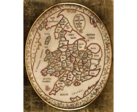 Embroidered map. Oval map of England &amp; Wales by Eu.[nice Denton] Birch (1777-1877), 1784, map of England and Wales divide