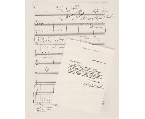 Sondheim (Stephen, 1930-2021). American composer and lyricist. Important signed and dedicated sheet, ‘Stephen Sondheim’, [New