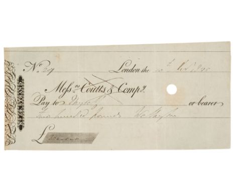 Wellington (Arthur Wellesley, 1st Duke of, 1769-1852). Cheque signed ‘Wellington’, drawn on Messrs Coutts &amp; Company, Lond