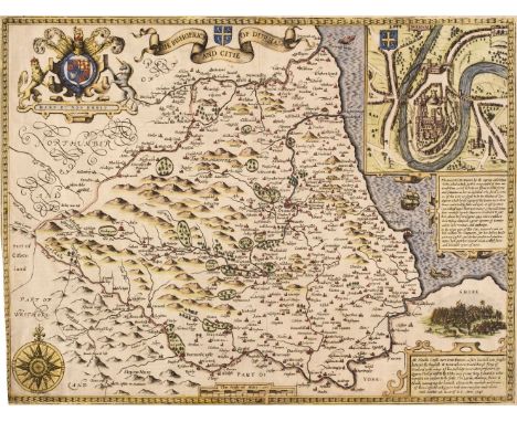 Durham. Speed (John), The Bishoprick and Citie of Durham, 1st edition, 1611, hand-coloured engraved map, inset town plan of D