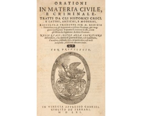 Nannini (Remigio). Orationi in Materia Civile, e Criminale, tratte da gli Historici Greci, e Latini, antichi, e moderni, racc