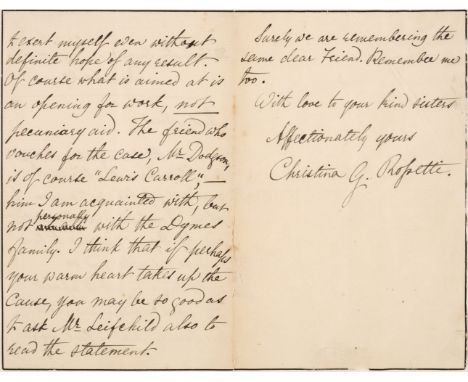 Rossetti (Christina Georgina, 1830-1894). English poet. Autograph Letter Signed, ‘Christina G. Rossetti’, 30 Torrington Squar