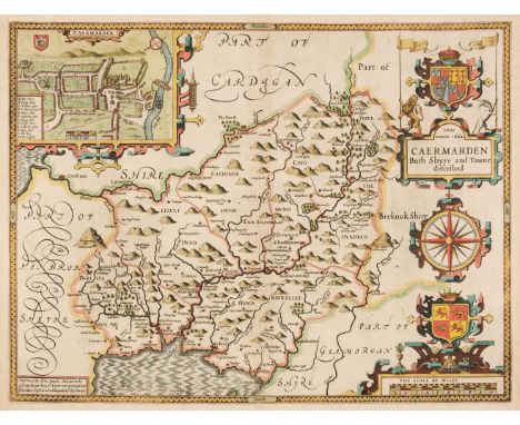 Carmarthenshire. Speed (John), Caermarden Both Shyre and Towne Described, Roger Rea [1662], hand-coloured engraved map, an in