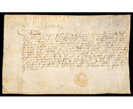 Elizabeth I (1533-1603). Queen of England and Ireland, 1558-1603. A fine early Document Signed, 'Elizabeth R', as Queen, Give