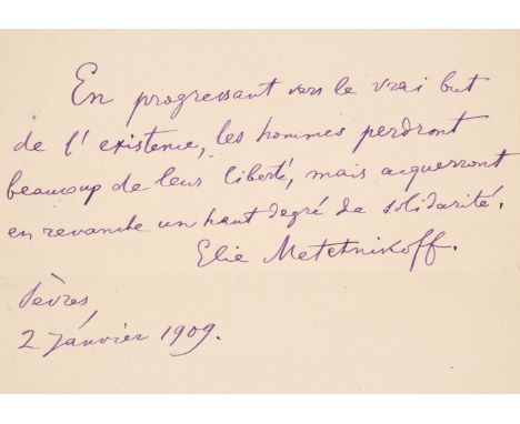 Metchnikoff (Ilya Ilyich, 1845-1916). Russian zoologist, best known for his pioneering research in immunology. Autograph Quot