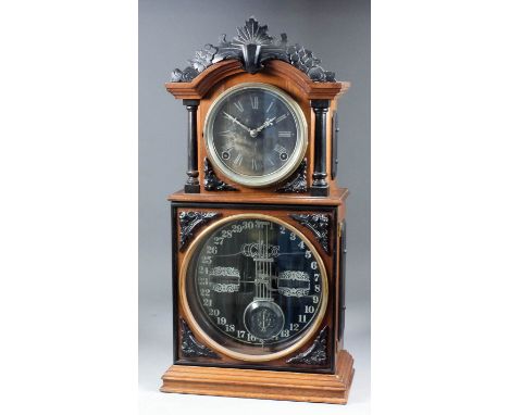 A 19th Century American walnut and ebonised cased mantel clock, the 4.5ins diameter dark finish dial with silvered Roman nume