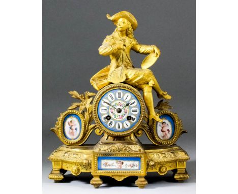 An 19th Century French gilt metal and porcelain mounted mantel clock, No. 18207, the 3ins diameter porcelain dial decorated i