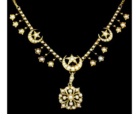 A late 19th/early 20th Century gold coloured metal and seed pearl necklace, set with seed pearls within stars, crescent moons