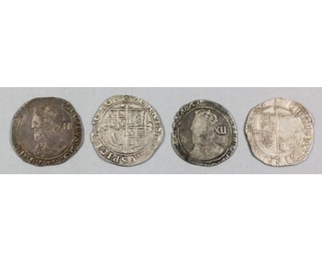 Four Charles I (1625-1649) shillings, mint marks Anchor (1828-1629), (R) (1644-1645), Sun (1645-1646) and Triangle in Circle 