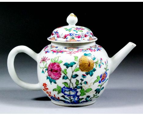 A Chinese Export porcelain spherical shaped tea pot and cover enamelled in "Famille Rose" palette with various flowers and gi