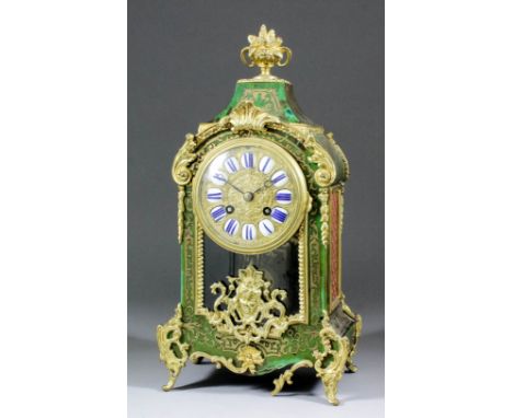 A late 19th Century French green tortoiseshell, Boulle and gilt metal mounted mantel clock by Japy Fils, No. 1330, retailed b