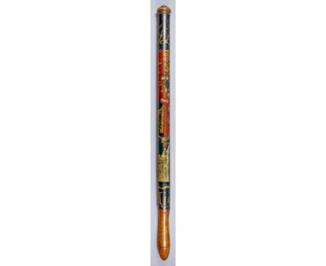 A Georgian turned wood long truncheon with button top, painted with "GR", over royal coat of arms within oval cartouche, over
