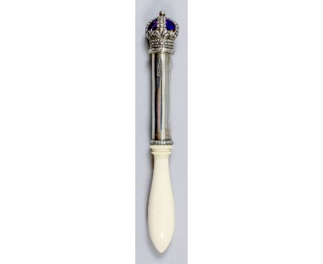 A William IV silver tipstaff with ivory handle, with cast silver crown over plain stem, London 1832, the ivory handle with po