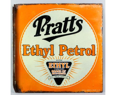 An early 20th Century "Pratts Ethyl Petrol" double sided enamel sign in black, orange and cream, with right angled wall brack