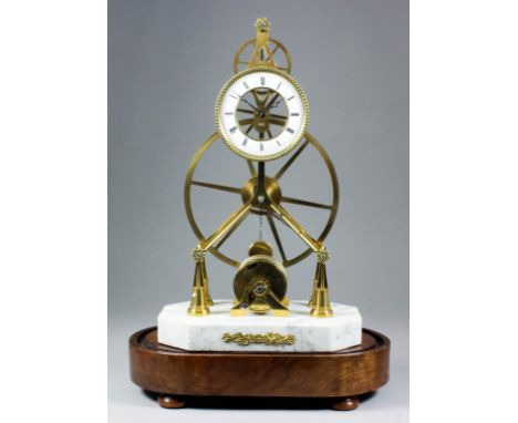 A 20th Century brass framed skeleton timepiece in the French manner, the 3.5ins diameter enamelled chapter ring with Roman nu