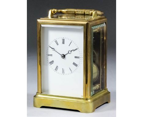 A 19th Century French carriage clock, No. 4904, the white enamel dial with Roman numerals, to the eight day two train movemen