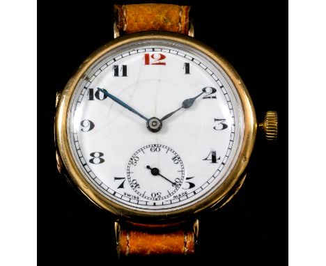 An early 20th Century gentleman's Herald 9ct gold cased manual wind wristwatch, the white enamel dial with Arabic numerals an