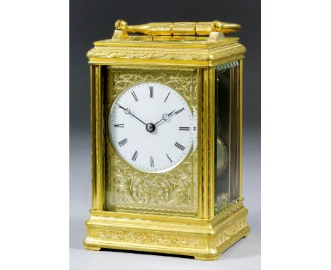 A 19th Century French carriage clock, No. 11108, the 2.25ins diameter white enamel dial with Roman numerals within gilt slip 