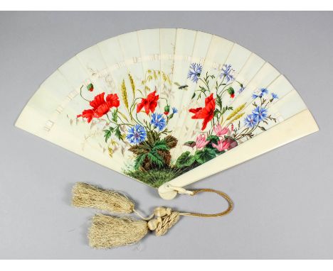 A late 19th/early 20th Century ivory fan, the sticks painted with wild flowers and grasses, and with silk tassel, 10ins Note: