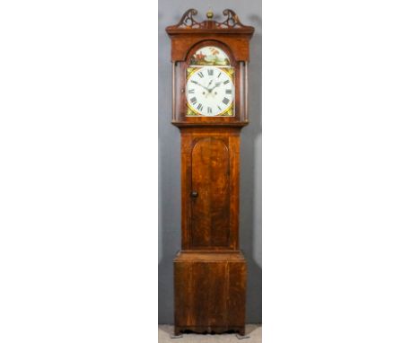 An early 19th Century oak longcase clock, the 13ins arched painted dial with Roman numerals, subsidiary seconds dial and date