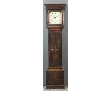 An 18th Century oak longcase clock by William Gill of Hastings, the 11ins square painted dial with Roman and Arabic numerals 